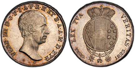 1084177 ITALIAN STATES. Tuscany. Ferdinando III, restored. 1823 AR 5 Paoli, 1/2 Francescone. PCGS MS62.  Head right / Crowned round arms. KM C-58a.

Please use this link to verify the PCGS certification number <a href="http://www.pcgs.com/cert/590...