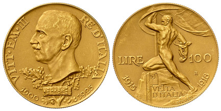 1085813 ITALY. Vittorio Emanuele III. (Emperor, 1900-1946). 1925-R AV 100 Lire. NGC PR63+ Matte.  Rome. 34.9mm. 32.19gm. Head left above oak sprigs / Heroic male figure kneeling on large rock holding flag and small Victory. KM 66; Friedberg 32; Pa...