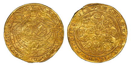 1084182 NETHERLANDS. Kampen. (1590-3) AV Imitative Rose Noble. NGC MS63+.  7.62gm. MONNO : AV • CIVI • CAMPEN • VALO : TRAN• ISVLAN. King standing in ship facing, holding sword and shield, a flag bearing a C at the stern / CONCORDIA RRS PARVÆ CRES...
