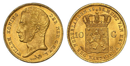 1087203 NETHERLANDS. William I. (King, 1815-1840). 1828-B (Palm branch) AV 10 Gulden. NGC MS64.  Brussels. Edge: Reeded. GOD*ZY*MET*ONS*. 22.5mm. WILLEM KONING - DER NED. G.H.V.L. Head left / (date) MUNT VAN HET KONINGRIJK DER NEDERLANDEN. Crowned...