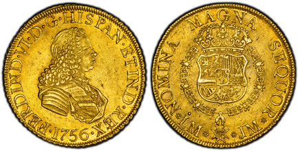 1086891 PERU. 1756-LM JM AV 8 Escudos. PCGS MS61.  Lima. 27.01gm. FERDIND · VI · ... Small bust of Ferdinand VI, right / NOMINA MAGNA SEQUOR. Crowned arms in order chain. KM 59.1; Calico 771; Cal. Onza 584.

Milled Coinage. Dot above "L" in mint m...
