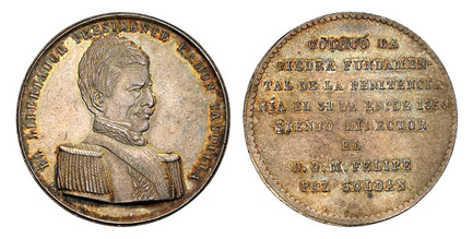 1087307 PERU. Republic. 1856 AR Medal. NGC MS64.  36mm. EL LIBERTADOR PRESIDENTE RAMON CASTILLA. Uniformed bust, right / COLOCO LA/ PIEDRA FUNDAMEN-/ TAL DE LA PENITENCIA-/ RIA EL 31 DE ENO. DE 1856/ SIENDO DIRECTOR/ EL/ D.D.M. FELIPE/ PAZ SOLDAN....