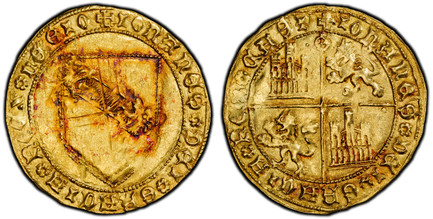 1087082 SPAIN. Castile & León. Juan II. (King, 1406-54). (1406-54)-S (at top of reverse cross) AV Dobla de la Banda. PCGS MS61.  Seville mint. 4.58gm. Coat-of-arms / Quartered arms of Castile and Leon with S mintmark at top of cross. Fr.-112; C./C...