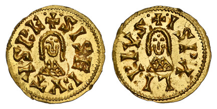 1087184 SPAIN. Visigothic. Sisebut. (King of the Visigoths and ruler of Hispania, Septimania and Galicia, 612-621 AD). 612-621 (ND) AV Tremissis. NGC MS64.  Ispalis (Seville) mint. 1.49gm. + SISEBVTVS RE. Facing bust / +·ISPΛLI PIVS·. Facing bust....