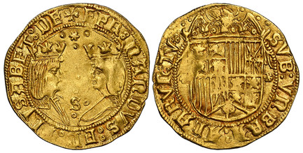 1086889 SPAIN. Ferdinand and Isabella. (King and Queen, 1475-1504). (1497-1504)-S AV 2 Excelentes. NGC MS62.  Seville. 6.97gm. +FER:NANDVS:ED:EL:ISABET:DE. Crowned confronted busts of Fernando and Isabel; cross with four pellets and S with four pe...