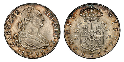 1087332 SPAIN. Charles IV. 1792-(Crowned M) MF AR 4 Reales. NGC MS62.  Madrid. CAROLUS IIII · DEI · G ·. Bust right / HISPANIARUM · REX ·. Crowned arms of Castile and Leon. KM 431.1; Calico 778.

Currently the finest known at NGC as of May 2026

P...
