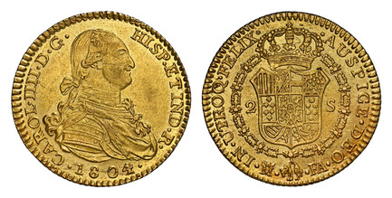 1086899 SPAIN. Charles IV. 1804-(Crowned M) FA AV 2 Escudos. NGC MS61.  Madrid. 6.63gm. CAROL · IIII · D · G · HISP · ETIND · R ·. Bust right / IN · UTROQ · FELIX ... Crowned arms in order chain. KM 435.1; Calico 1310.

Please use this link to ver...