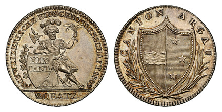 1087578 SWISS CANTONS. Aargau. 1809 AR 20 Batzen. NGC MS65.  Bern. CANTON ARGAU. Pointed shield within sprigs / SCHWEIZERISCHE EIDSCENOSSENSCHAET. Seated knight, shield, value. KM 17; D.T. 191; HMZ 2-20b.

Please use this link to verify the NGC ce...
