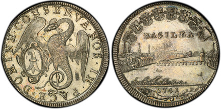 1087581 SWISS CANTONS. Basel. 1741 AR 1/2 Thaler. PCGS MS61.  City view and date below assorted shields / DOMINE · CONSERVA · NOS · IN · PACE ·. Basilisk facing right holding oval arms of Basel at lower left. KM 147; Winterstein 157 (Taler); D.T. ...