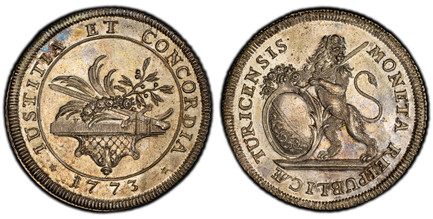 1087925 SWISS CANTONS. Zurich. 1773 AR "Gessner" Thaler. PCGS MS63.  26.49gm. MONETA REIPUBLICÆ TURICENSIS ·. Oval arms of Zurich on mantle, supported by rampant lion at right / IUSTITIA ET CONCORDIA. Laurel and palm branch with sword on mantle wi...