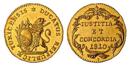 1087595 SWISS CANTONS. Zurich. 1810 B AV Ducat. NGC MS64 PL (Prooflike).  DUCATUS REPUBLICÆ TURICENSIS. Rampant lion next to oval shield / IUSTITUA ET CONCORDIA 1810. Legend, date within ornate wreath. KM A185; Fr. 486b; D.T. 17; HMZ 2-1171a.

Ple...