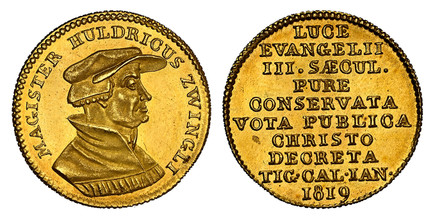 1087613 SWISS CANTONS. Zurich. 1819 AV Ducat. NGC MS64.  Bust right of Magister Zwingli / 9-line legend and date. KM X-M2; Fr.-490; HMZ 2-1171b.

Medallic Coinage.

Please use this link to verify the NGC certification number <a href="https://www.n...