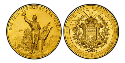 1087605 SWITZERLAND. Neuchatel Canton, Le Locle. 1892 AV Shooting Medal of 20 Ducats Weight. PCGS MS67.  By Huguenin Freres. 69.43gm. Ornate shield of arms within wreath / Standing figure raising his hat in the air and dressed in traditional attir...
