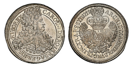 1087326 TRANSYLVANIA. Karl VI. 1715 AR Thaler. NGC MS63.  Uncertain mint: Siebenbürgen / Hermannstadt. CAROL VI  D : G : RO : ... Laureate bust of Charles VI right, within divided circle / ARCHI · DVX · AVS ... Shield on breast of crowned double-h...