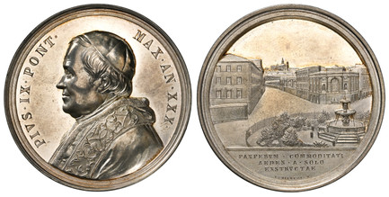 1085830 VATICAN CITY. Pius IX. (Pontiff, 1846-1878). 1875//XXX AR Medal. NGC MS64.  By G. Bianchi. 43.86mm. 41.90gm. PIVS IX PONT MAX AN XXX. Bust, left / PAVPERVM COMMODITATI AEDES A SOLO EXTRVCTAE. View of the new shelter for the poor in the Mas...