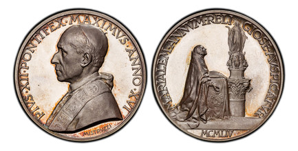 1087286 VATICAN CITY. Pius XII. (Pontiff, 1939-1958). An XVI (1954) AR Medal. PCGS SP66.  By Aurelio Mistruzzi. Edge: Plain. PIVS XII PONTIFEX MAXIMVS ANNO XVI. Bust, left; signed below truncation / MARIALEM ANNVM RELI - GIOSE AVSPICATVR// MCMLIV....