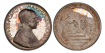 1087287 VATICAN CITY. Pius XII. (Pontiff, 1939-1958). An XVIII (1956) AR Medal. PCGS SP65.  By Aurelio Mistruzzi. Edge: Plain. PIVS XII PONTIFEX MAXIMVS ANNO XVIII. Bust, right; signed on truncation / OPIFICVM EORVMQVE CONDVCTORVM CONSOCIATA NAVIT...