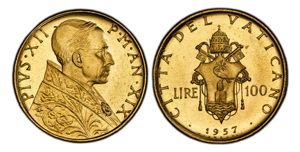 1085811 VATICAN CITY. Pius XII. (Pontiff, 1939-1958). 1957/XIX AV 100 Lire. PCGS MS66.  By P. Giampaoli. Edge: Reeded. 20.8mm. 520gm. Bust left / Fides standing with large cross divides value and date. KM 55; Berman 3405; Fr.-291; Pagani 723; Giga...
