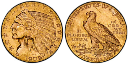 1086373 UNITED STATES OF AMERICA. 1909-D AV $5, Half Eagle. PCGS MS64.  U.S. Mint, Denver. LIBERTY. Incuse design of Native American wearing feather headress, left; stars in the legends to either side / E PLURIBUS UNUM – IN GOD WE TRUST. Eagles st...