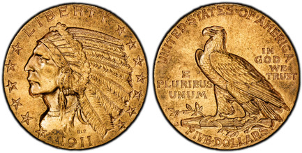 1086375 UNITED STATES OF AMERICA. 1911-S AV $5, Half Eagle. PCGS MS61.  By Bela Lyon Pratt. U.S. Mint, San Francisco. LIBERTY. Stylized Native American portrait wearing a full headdress encircled by 13 stars, date below / E PLURIBUS UNUM – IN GOD ...