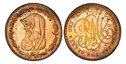1083949 GREAT BRITAIN. Wales, Anglesey. 1788 CU Penny Token. PCGS MS63RB (Red-Brown).  Edge: ON DEMAND IN LONDON, LIVERPOOL OR ANGLESEY. Druid's head in thin wreath, four acorns at tie / Date above monogram of Parys Mines Company, PMCo. D & H 135 ...