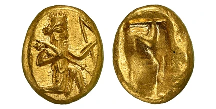 1087903 GREEK. ACHAEMENID EMPIRE. Darius I to Xerxes II. (King, 420-375 BC). Struck 5th Century, circa 485-420 BC. AV Daric. NGC Ch. MS (Choice Mint State) Strike 5/5 Surface 5/5.  Sardes. 16mm. 8.33gm. Persian king or hero, wearing kidaris and ka...