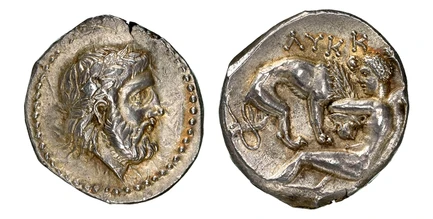 1087901 GREEK. PAEONIAN KINGDOM. Lycceius. Struck circa 359/6-335 BC. AR Tetradrachm. NGC Ch. AU (Choice About Uncirculated) Strike 4/5 Surface 5/5.  23mm. 12.69gm. Laureate head of Zeus, right / ΛΥΚΚ - [ΕΙΟΥ]. Heracles crouching to left fighting ...