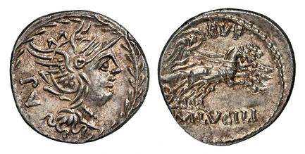 1085142 ROMAN REPUBLICAN.  M. Lucilius Rufus. Struck 111-110 BC. AR Denarius. NGC Ch. AU (Choice About Uncirculated) Strike 5/5 Surface 4/5.  Rome. 19mm. 4.05gm. Roma wearing winged helmet and pearl necklace faces right; PV behind head and all wit...