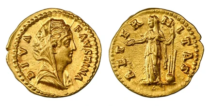 1087904 ROMAN IMPERIAL.  Faustina the Elder. (Wife of Antoninus Pius, c. 100-140 AD). Struck 138-161 AD. AV Aureus. NGC Ch. AU (Choice About Uncirculated) Strike 5/5 Surface 5/5.  Rome. 21mm. 7.23gm. DIVA FAVSTINA. Draped bust right / AET-ER - N-I...