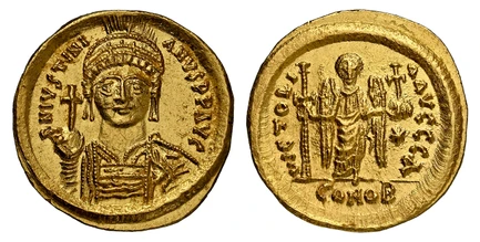 1085483 BYZANTINE.  Justinian I. (Emperor, 527-565 AD). Struck 537-542 AD. AV Solidus. NGC MS (Mint State) Strike 4/5 Surface 4/5.  Constantinople, 1st Officina. 20.7mm. 4.48gm. DN IVSTINIANVS PP AVI. Helmeted, diademed and cuirassed bust of Justi...
