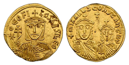 1087869 BYZANTINE.  Theophilus, with Michael II and Constantine. (Emperor, 829-842 AD). Struck 831-840 AD. AV Solidus. NGC MS (Mint State) Strike 5/5 Surface 4/5.  Constantinople. 19.5mm. 4.43gm. ∗ ΘЄOFI-LOS bASILЄ Θ. Crowned bust of Theophilus fa...