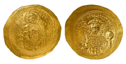 1085379 BYZANTINE.  Constantine IX. (Emperor, 1042-1055 AD). Struck 1042-1055 AD. AV Histamenon Nomisma. NGC AU (About Uncirculated) Strike 3/5 Surface 4/5 Die Shift, Flan Flaw.  Constantinople. 30mm. 4.41gm. + IhS XIS REX - REeGNA[N]Tihm. Christ ...