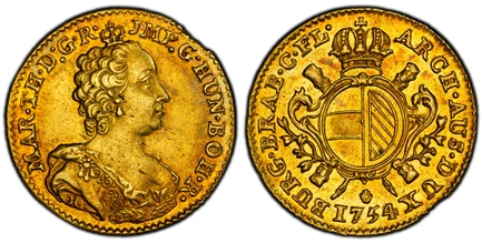 1087194 AUSTRIAN NETHERLANDS. Maria Theresa. 1754-(hand) R AV Souverain d'Or. PCGS AU58.  By Jacques Roëttiers. Antwerp. 5.54gm. MAR · TH · D · G · R · IMP · G · HUN · BOH · R ·. Bust with décolletage right / ARCH · AUS · DUX · BURG · BRAB · C · F...