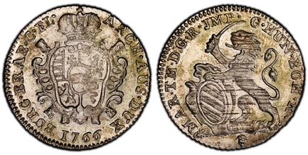 1087198 AUSTRIAN NETHERLANDS. Maria Theresa. 1766-(b) AR Escalin, Schelling. PCGS MS63.  Brussels. 4.92gm. Lion's shield divided / Crowned arms within cartouche. KM 15; Witte 1143; VH 821.

Please use this link to verify the PCGS certification num...