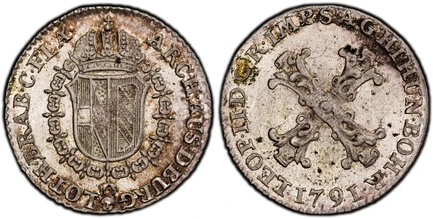 1087200 AUSTRIAN NETHERLANDS. Leopold II. 1791-(b) Billon 10 Liards, 10 Oorden. PCGS MS65.  Brussels. 2.33gm. Titles of Leopold II / Crowned arms in order collar. KM 54; Witte 1164; Jaeckel 91; VH 877.

Please use this link to verify the PCGS cert...