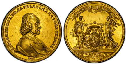 1087428 AUSTRIAN STATES. Salzburg. Sigmund III. 1753 AV 10 Ducats. PCGS AU58.  By Franz Matzenkopf (dies). 34.63gm. Bust of Sigismund III, right; signed below truncation, F•M•K• / CUIQUE – SUUM. Inscribed banner above two standing allegorical figu...