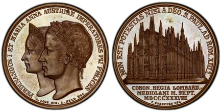 1087576 AUSTRIA. MDCCCXXXVIII (1838) Bronzed AE Medal. PCGS SP65.  By L. Held & Chr. Pfeuffer. 42.5mm. 37.78gm. Busts of Ferdinand I and his consort, Maria Anna of Savoy, left / View of Milan Cathedral. cf. Montenuovo 2584; Sommer P 61.

Commemora...