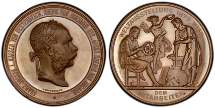 1087215 AUSTRIA. Franz Joseph I. (Emperor, 1848-1916). 1873 AE Prize Medal. PCGS SP66.  By Tautenhayn and K. Schwenzer. 70mm. 137.25gm. Laureate bust right / Angel with wreath between blacksmith and precision mechanic. Hauser 2912; Forrer VI, 37.
...