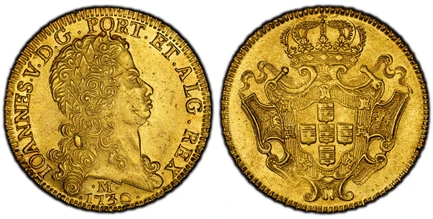 1087545 BRAZIL. Joao V. 1730-M AV 12800 Reis. PCGS MS62.  Minas Gerais. 37mm. IOANNES · V · D · G · PORT · ET · ALG · REX. Laureate head right / Arms on crowned ornate shield. KM 139; Mald.-105.07; Gomes 140.09; Fr.-55.

Currently the finest known...