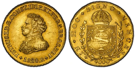 1085577 BRAZIL. Pedro I. 1824-R AV 4000 Reis. PCGS MS62.  Rio de Janeiro. Uniformed bust left / Crowned arms within wreath. KM 369.1.

Please use this link to verify the PCGS certification number <a href="http://www.pcgs.com/cert/59419044/">594190...