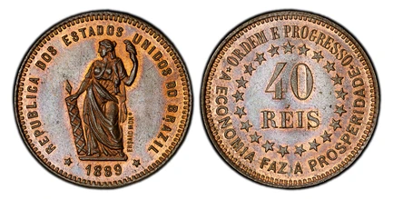 1087207 BRAZIL. Republic. 1889 CU Pattern 40 Reis. PCGS SP64BN (Brown).  REPUBLICA DOS ESTADOS UNIDOS DO BRAZIL. Allegorical figure of Liberty standing and facing left holding a fasces to her right and her left and raised with a Phyrigian liberty ...