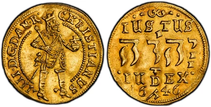 1087394 DENMARK. Christian IV. (King, 1588-1648). 1646 AV Ducat. PCGS MS61.  Copenhagen. 3.45gm. Standing figure of King with scepter and orb / Hebrew text in center. KM 141; Sieg 128.2; Hede 33; Schou 3; Aagaard KG 5; Fr.-39.

Please use this lin...