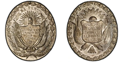 1087216 ECUADOR. (1822) AR Medal. PCGS MS64.  Potosi, Bolivia. 29mm x 25mm. 10.94gm. EL PERU/ A/ LOS LIBER/TADORES/ DE/ QUITO./ EN PI-CHINCHA. Inscription within a shield surmounted by a Liberty Cap, resting upon two cornucopia and flags, beneath ...