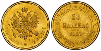 1087396 FINLAND. Nicholas II. 1880 S AV 20 Markkaa. PCGS MS64.  21.3mm. 6.46gm. Crowned imperial double eagle holding orb and scepter / Denomination and date within circle, fineness around. KM 9.2; Fr.-1.

Please use this link to verify the PCGS c...
