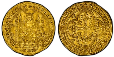 1087188 FRANCE. Philip VI le Fortune. (King, 1328-1350). (1328-50) AV Ecú d'Or. PCGS MS62.  4.49gm. + PhILIPPVS : DЄI xx GRA xFRAnCORVM : RЄX. King seated on Gothic throne, a sword in his right hand and his left supporting a shield / + o XP'C : VI...