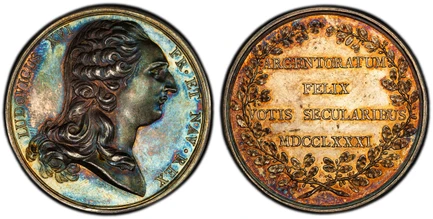 1087217 FRANCE. Louis XVI. 1781 AR Medal. PCGS MS62.  By Duvivier (unsigned). 42mm. 36.46gm. Bust, right / ARGENTORATUM/ FELIX/ VOTIS SECULARIBUS/ MDCCLXXXI. Inscription within wreath, date in Roman numerals. Nocq 208; Engel-Lehr 621.

For the Cen...