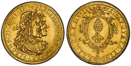 1087397 GERMAN STATES. Augsburg. Ferdinand III and Eleonora Gonzaga. (Holy Roman Emperor, 1637-1657). 1657 AV 2 Ducats. PCGS AU55.  6.88gm. AVGVSTA. VIND - ELICORVM. Pine cone in oval baroque frame, date divided at top / FERDINAND. III. R. I. S. A...