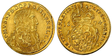 1088214 GERMAN STATES. Bavaria. Ferdinand Maria. 1674-CZ AV Goldgulden. NGC MS65.  Munich. Armored bust of Ferdinand Maria right / Madonna and child above crowned arms divide date. KM 325; Fr.-210.

Please use this link to verify the NGC certifica...