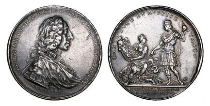 1088215 GERMAN STATES. Bavaria. Karl Albrecht. 1727 AR Medallic 2 Thaler. NGC XF40.  By Georg Raphael Donner. 58.08gm. Draped armored bust, right wearing chain of the Order of the Golden Fleece, signed below / Allegorical figure of Bavaria seated ...