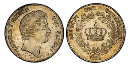1087860 GERMAN STATES. Bavaria. Ludwig I. 1832 AR Thaler, Krone. PCGS MS62.  Edge: BAYERISCHER KRONTHALER. 29.55gm. LUDWIG KOENIG VON BAYERN. Head right / GERECHT UND BEHARRLICH. Crown within wreath. KM 751; AKS 76; Dav. 565; Kahnt 75; Thun 48.

P...